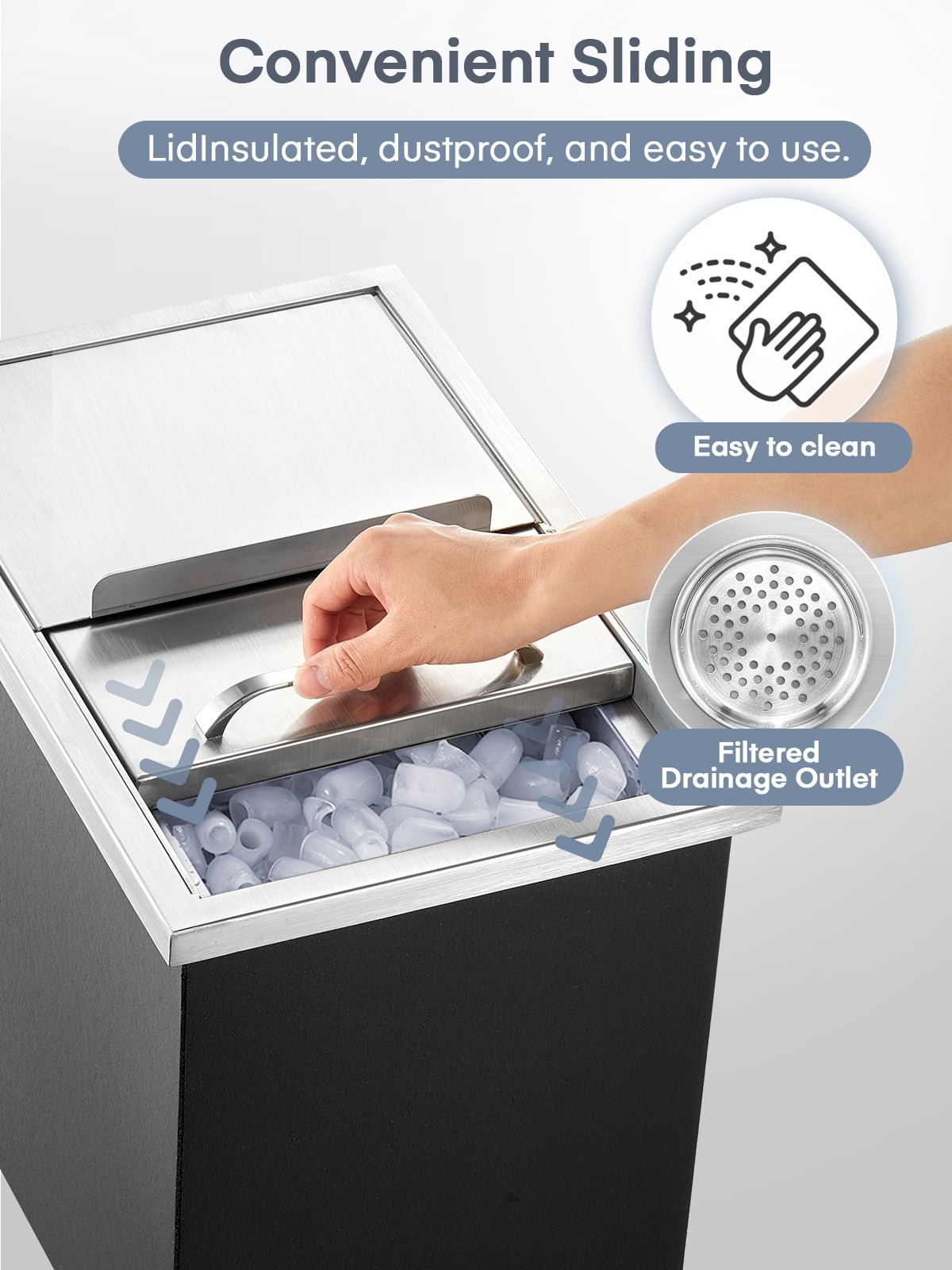 Drop in Ice Chest, 18" x 12" x 14.5",  28Qt Stainless Steel Ice Cooler with Sliding Lid