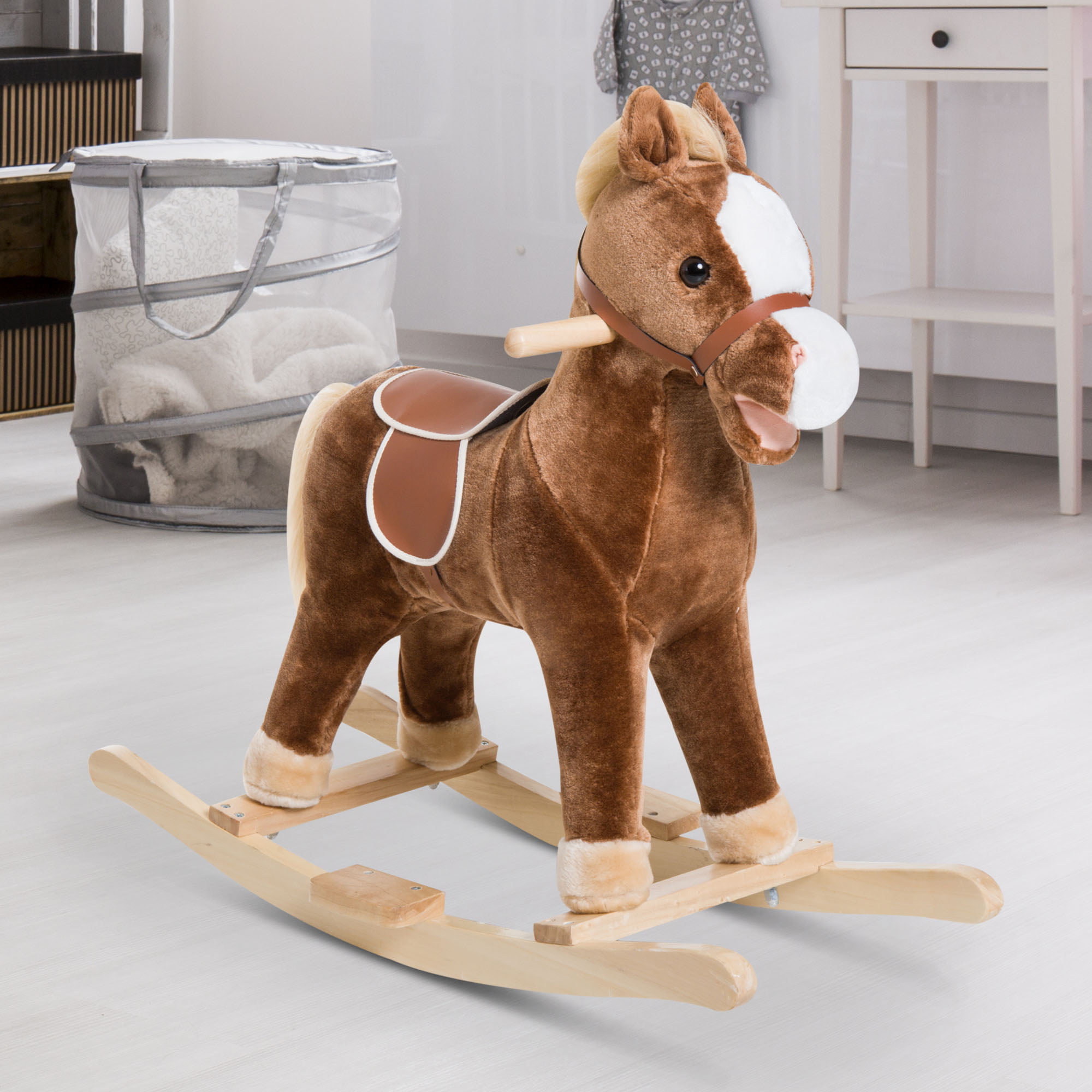 Qaba Kids Plush Ride-On Rocking Horse Toy Cowboy Rocker w/ Realistic Sound Brown 