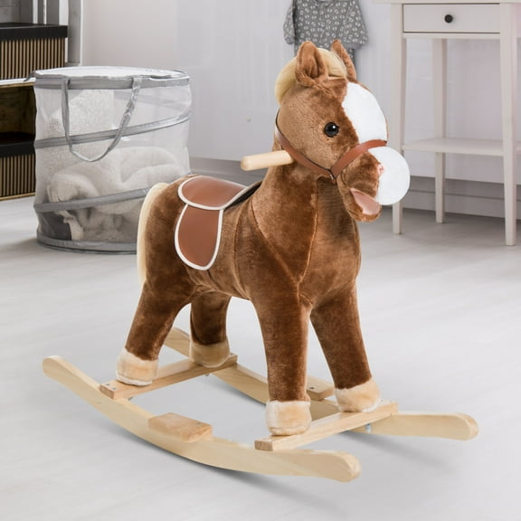 Qaba Kids Ride on Rocking Horse Toddler Plush Toy with Realistic Sounds for 3 Years Old Children - Brown