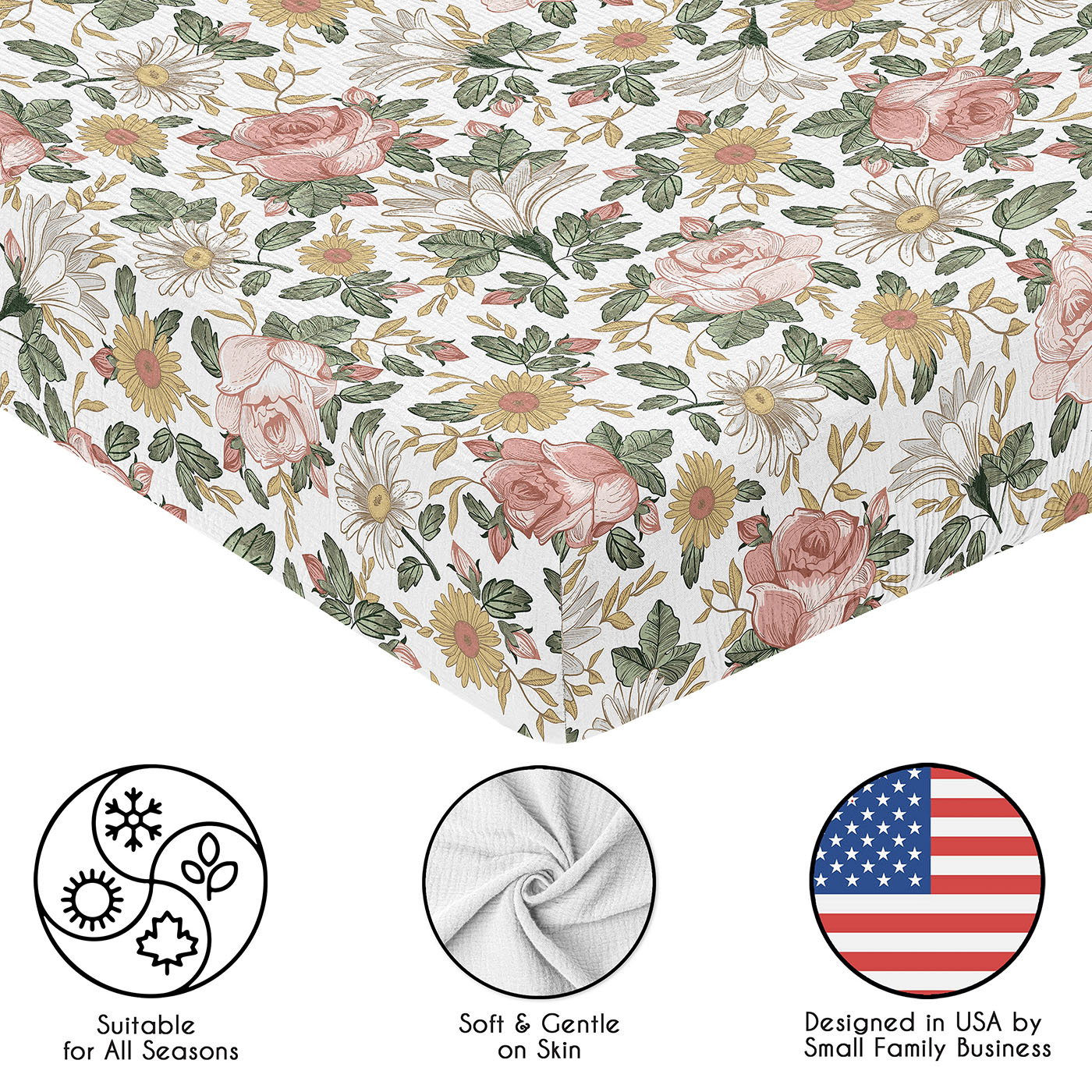 Sweet Jojo Designs Vintage Floral Pink Girl 100% Cotton Muslin Fitted Crib Sheets Set 2 Piece