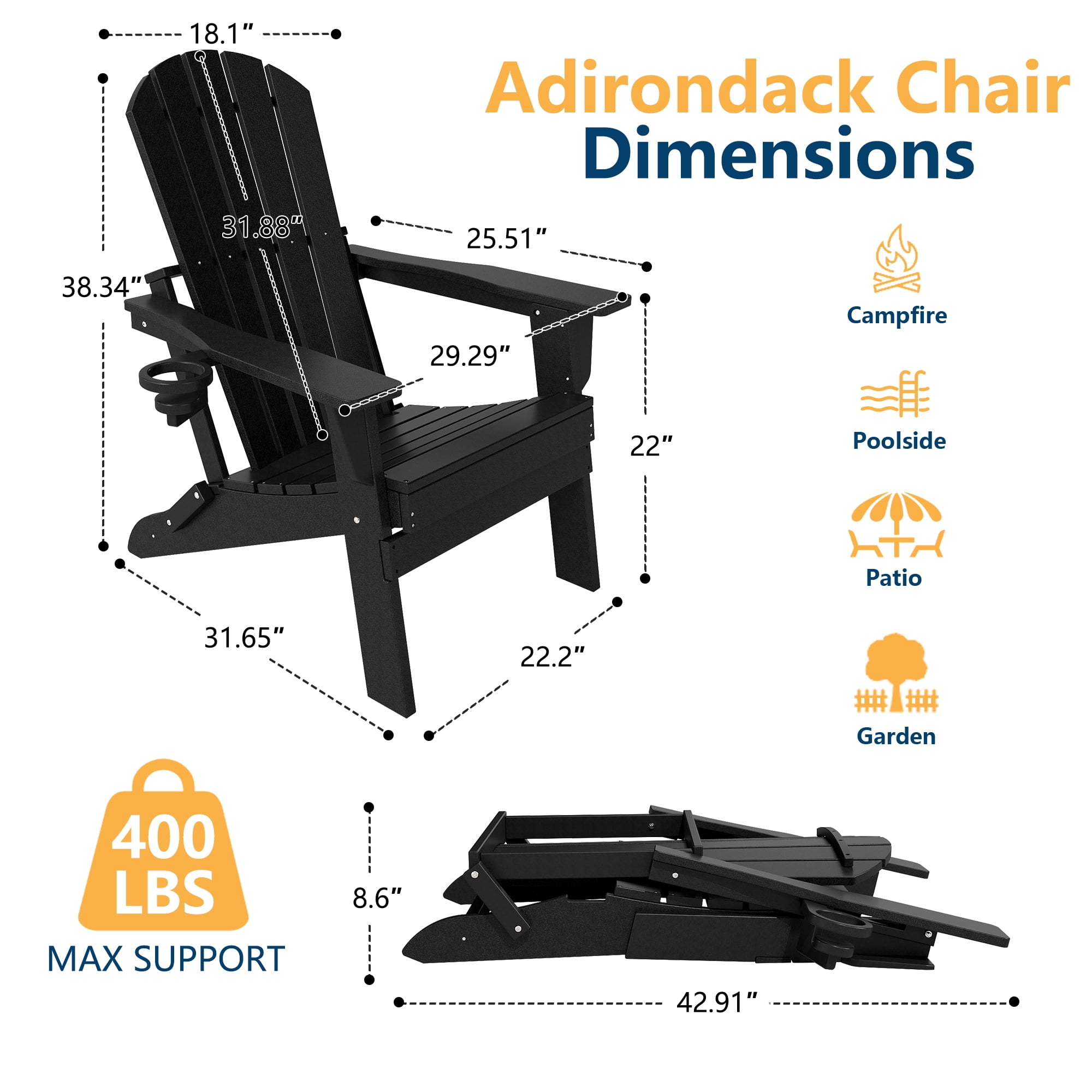 FOOWIN HDPE Folding Adirondack Chair with Cup Holder, Fire Pit Chairs Set of 2, Black