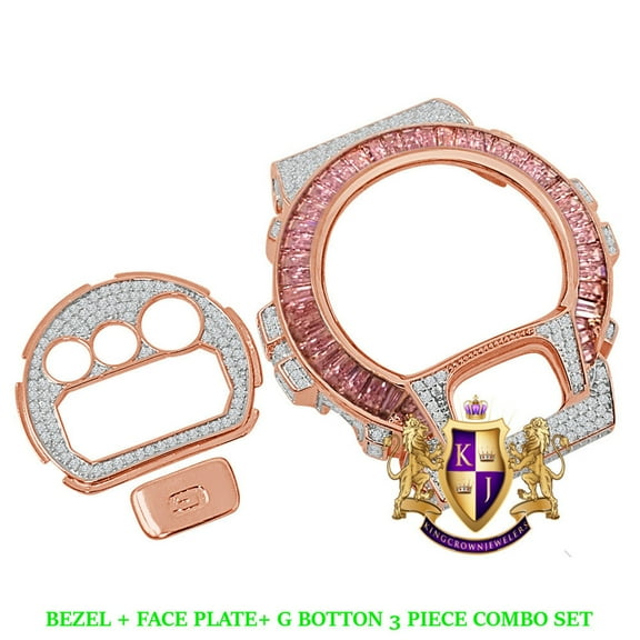 Baguette Soft Pink Rose Gold Tone G Shock DW-6900 Simulated Diamond Watch Custom Cover Case Face Plate   Bezel   G Button 3 Piece Set