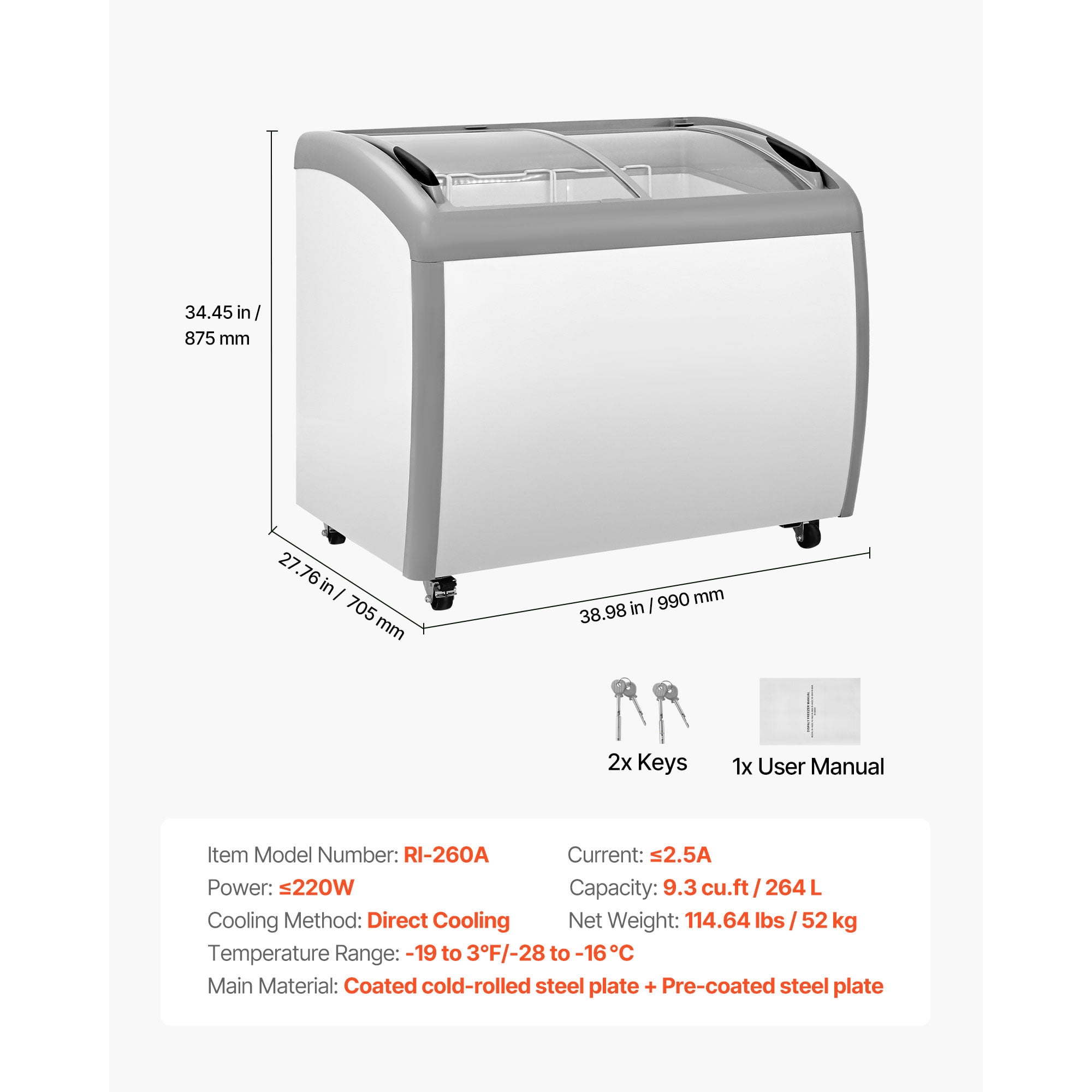 KFFKFF Commercial Ice Cream Display Freezer, Chest Freezer, Coated Cold‑Rolled Steel Plate Pre‑Coated Steel Plate