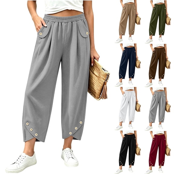 VBVC Women's Cropped Pleated Capri Pants , Side Button Lounge Trousers For Women , Ladies' High Waisted Pants with Pockets, *Gray , Large