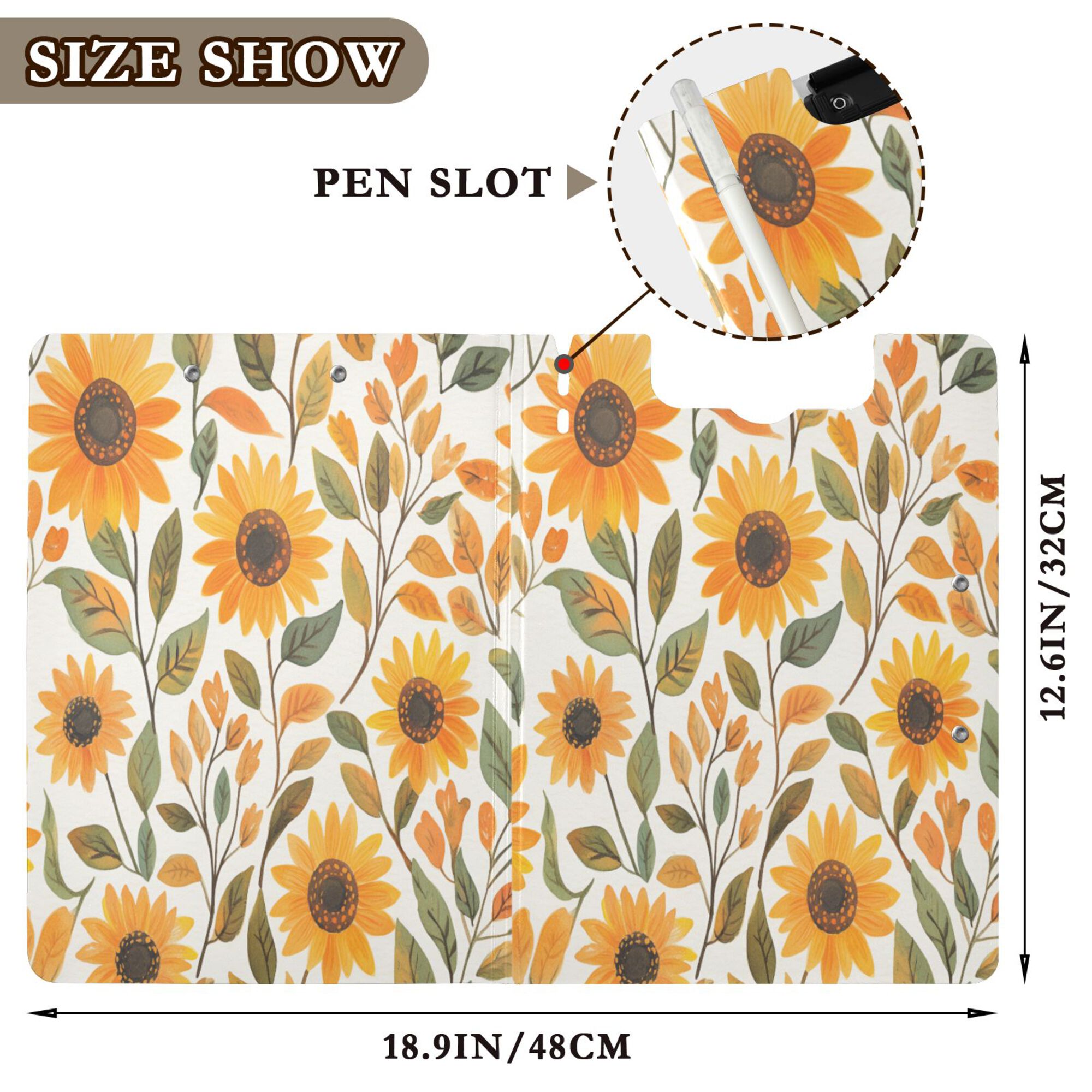 FORMRS A4 Clipboard Folder with Pen Holder Horizontal Foldable School Office Binder, Watercolor Sunflowers