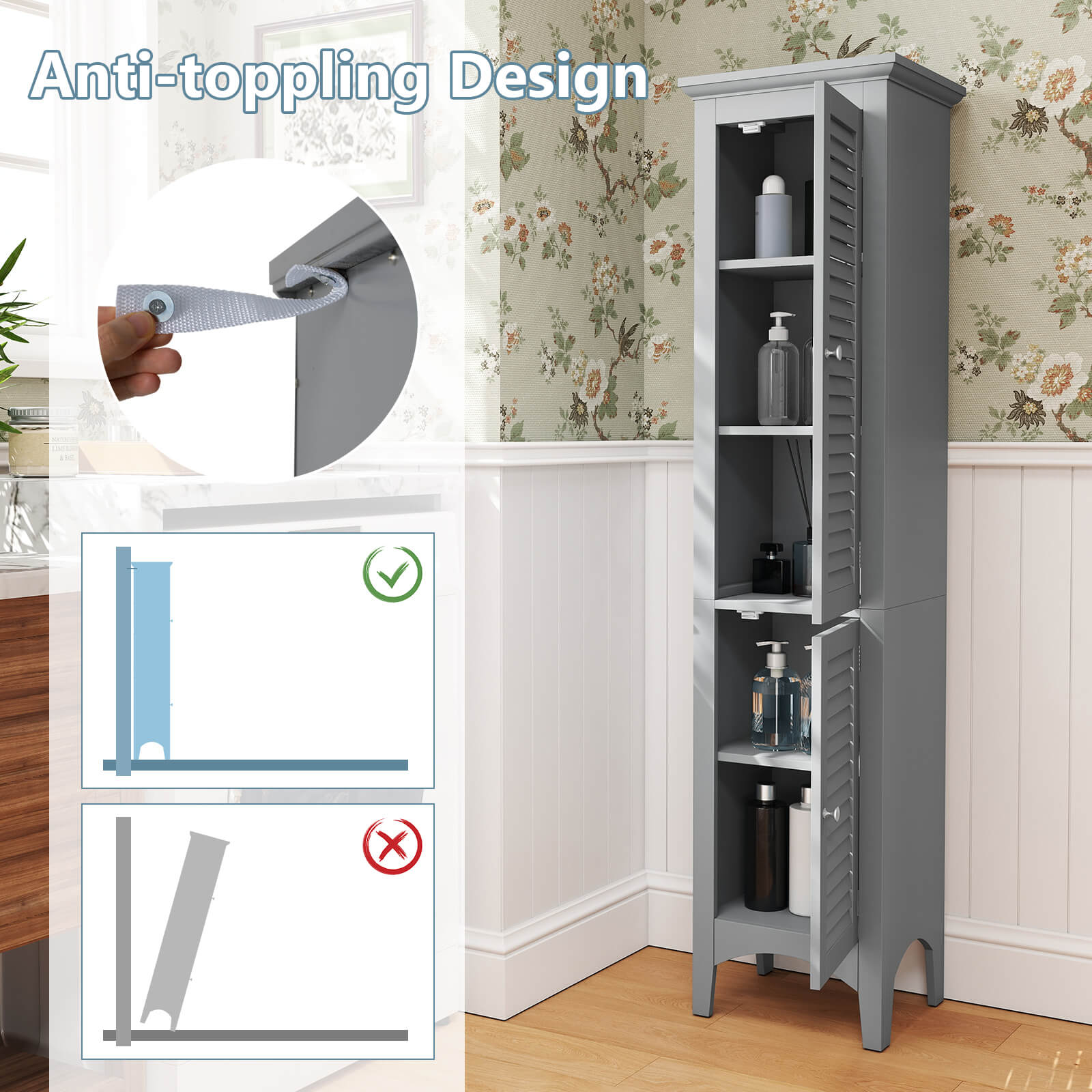 Costway 63” Tall Bathroom Cabinet with 2 Louvered Doors & Adjustable Shelf, Elevated Legs Gray