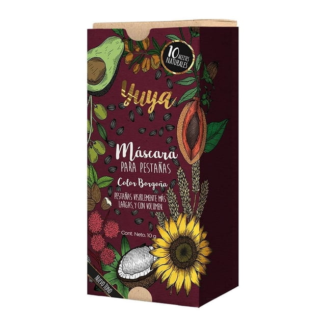 máscara para pestañas yuya republic cosmetics 10 aceites esenciales 10g Refuerza tus pestañas; empaque color boroña con ilustraciones de aguacate, coco y girasol, frente vertical con logotipo Yuya y texto que indica pestañas visiblemente más largas y con volumen, contenido neto 10 g.