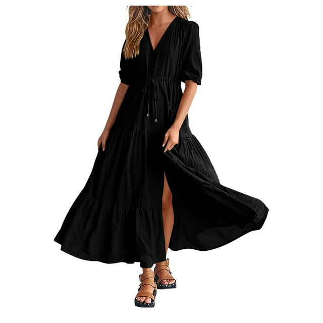 Kcodviy Women Summer Dresses Short Maxi Dress Petite Length Sleeves V Neck Button Wrap Summer Dress Drawstring Maxi Dresses Solid Summer Dresses for Women Color Boho Long Dresses