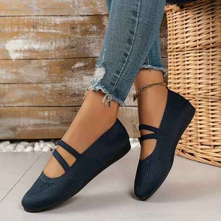 

Women‘s Knitted Flat Shoes Solid Color Soft Sole Elastic Slip On Mary Jane Comfy Breathable Walking Flats