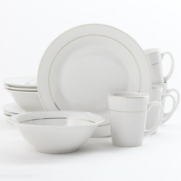 Gibson Tuxedo Deluxe 12 Piece Dinnerware Set, Double Gold Banded, Fine Ceramic