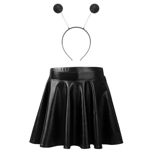 CHICTRY Kids Girls Halloween Alien Dress Up Metallic Shiny Dance Skirt with Hair Hoop for Carnival Party Black 8