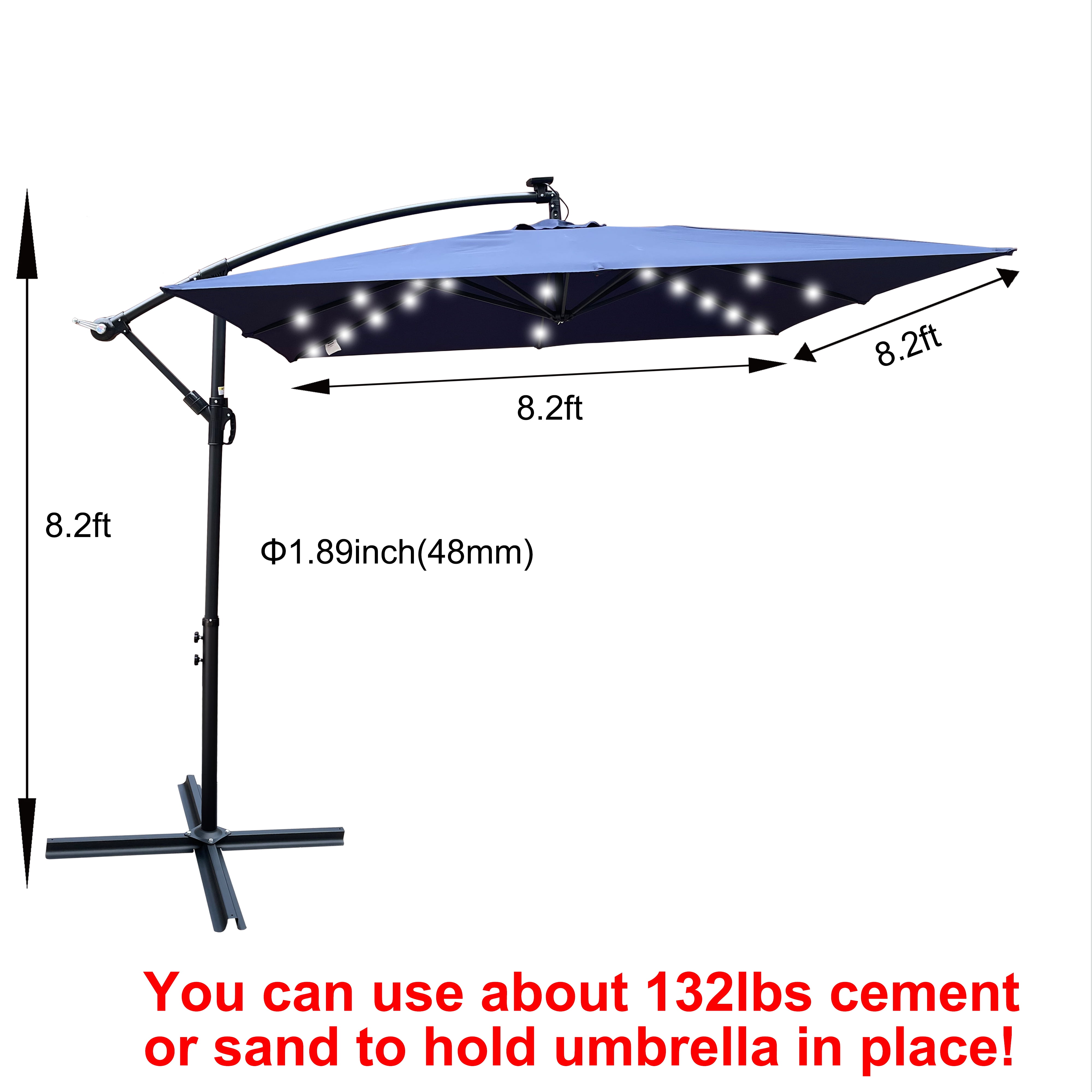 2.5x2.5M Square Outdoor Patio Umbrella, Solar LED Lighted Sun Shade Canopy with 8 Ribs & Crank Base, Navy Blue