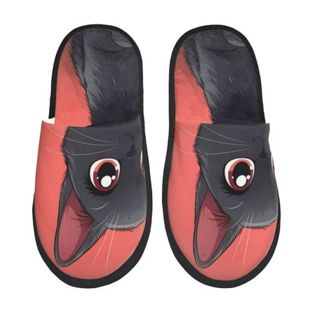 Balery Cute Black Kitten Cartoon Slient Indoor Furry Fleece Comfort House Shoes Soft Non-Slip Home Shoes Cotton slippers House Slippers-- Medium