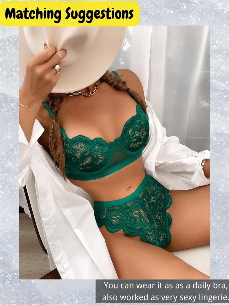 Popiv Women's Dark Green Lace Lingerie Set, Two-Piece with Underwire Bra &  Panty, S-XL, Perfect for Valentine's Day