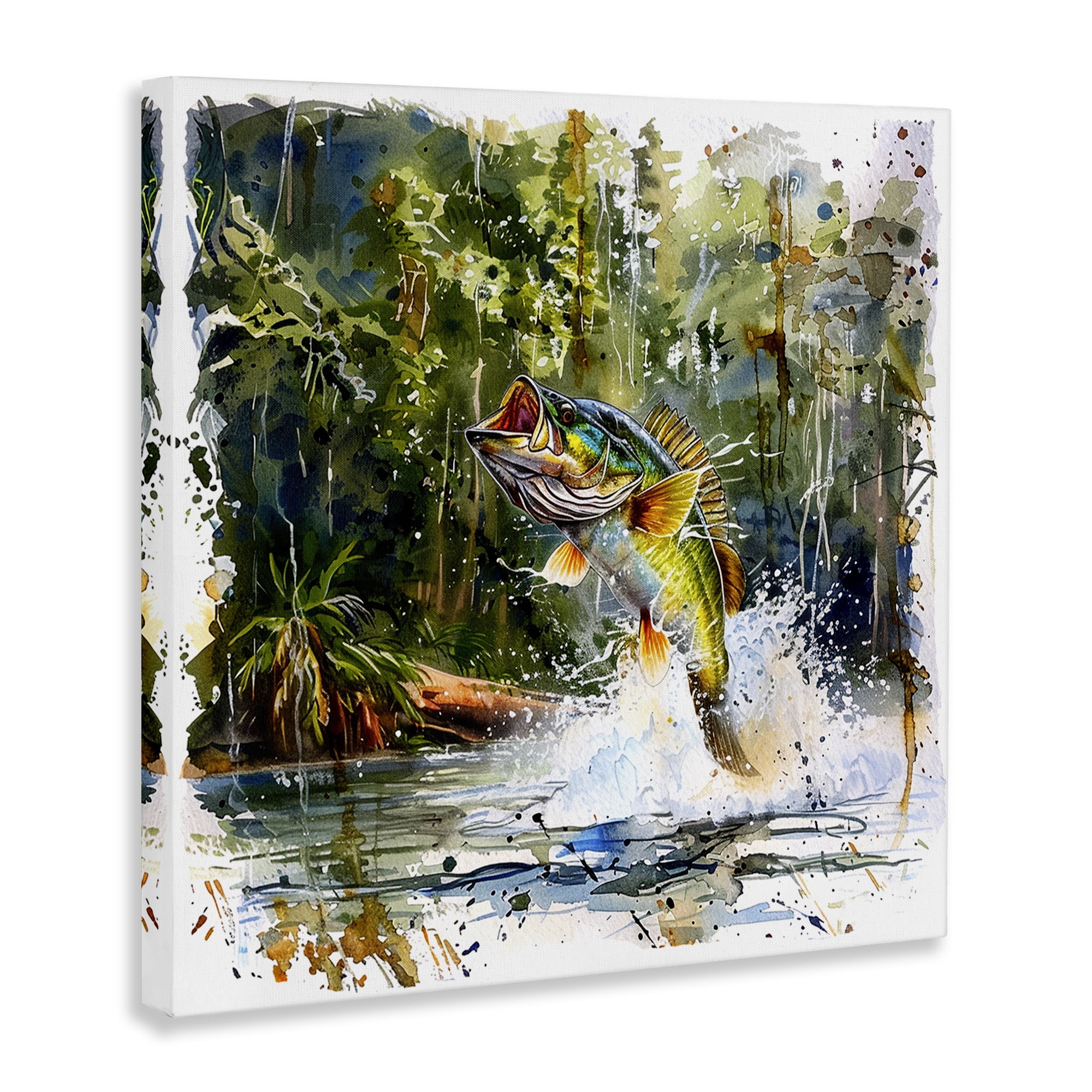 Stupell Industries Jumping Bass Splash Animals Painting Wrapped Canvas Art Print Wall Art, 17 x 17