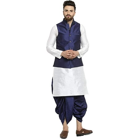 

Royal Kurta Men s Silk Blend Kurta Dhoti & Nehru Jacket Set (42 White-navy1)