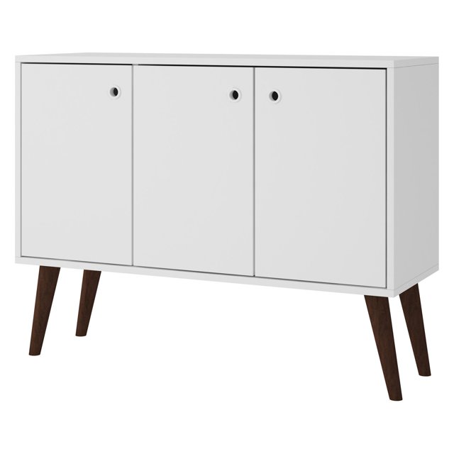 Manhattan Comfort Bromma Collection Mid Century Modern Square Buffet Stand Table With Two Cabinets and Splayed Legs, White