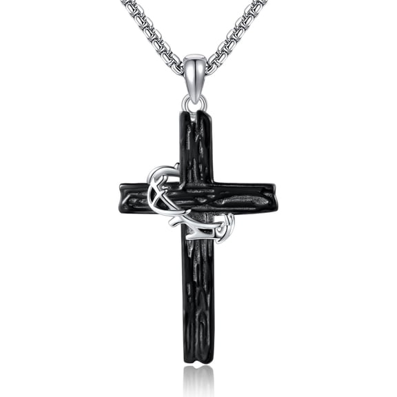 JEABZEL Black Cross Necklace with Jesus Thorn Crown - 925 Sterling Silver Catholic Jewelry for Men - Thanksgiving & Christmas Gifts