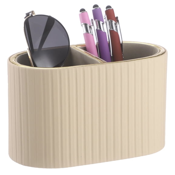 PU Leather Desk Organizer, Dual Compartments Pen Holder with Striped Gold Rim, Multifunctional Desktop Storage Caddy for Home & Office, Holds Remote Control, Glasses, Makeup Brushes and More (Beige)