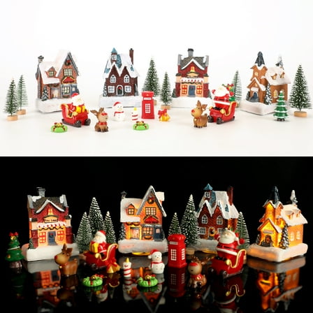 Christmas Village Sets, Resin Christmas Village Houses with LED Light, Christmas Town Scene Figurines Building Sets Christmas Indoor Decor Collection Buildings