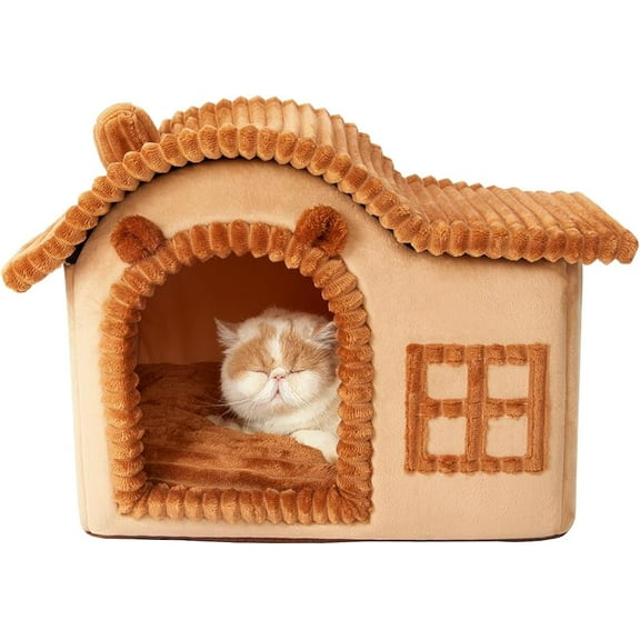 Xuet Bear Cat Houses for Indoor Cats, Chimney Cute Cat Bed Cave, Enough Interior Space, Cartoon Soft Pet House Up to 3-7 lbs Kitten, Brown