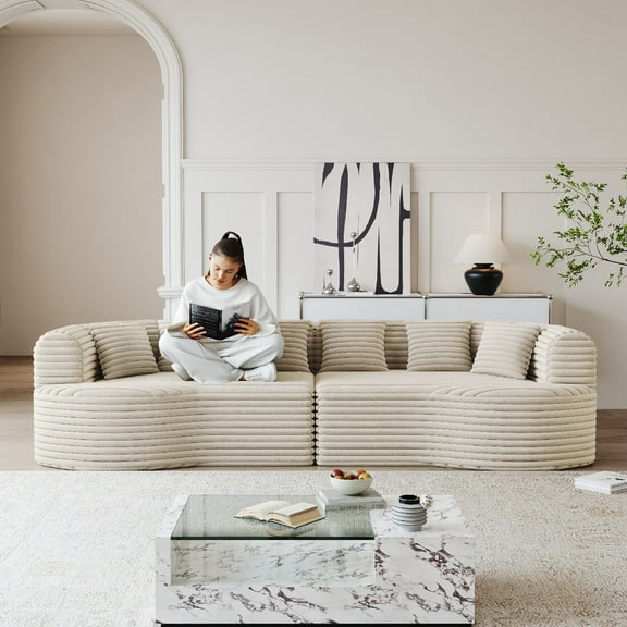 106.3" Curved Sectional Sofa, Oversized Modern Bone-Free Cloud Sofa with 6 Pillows, Luxury Corduroy 4-Seater Memory Foam Sofa with Deep Seat Design for Living Room, Apartment, Beige