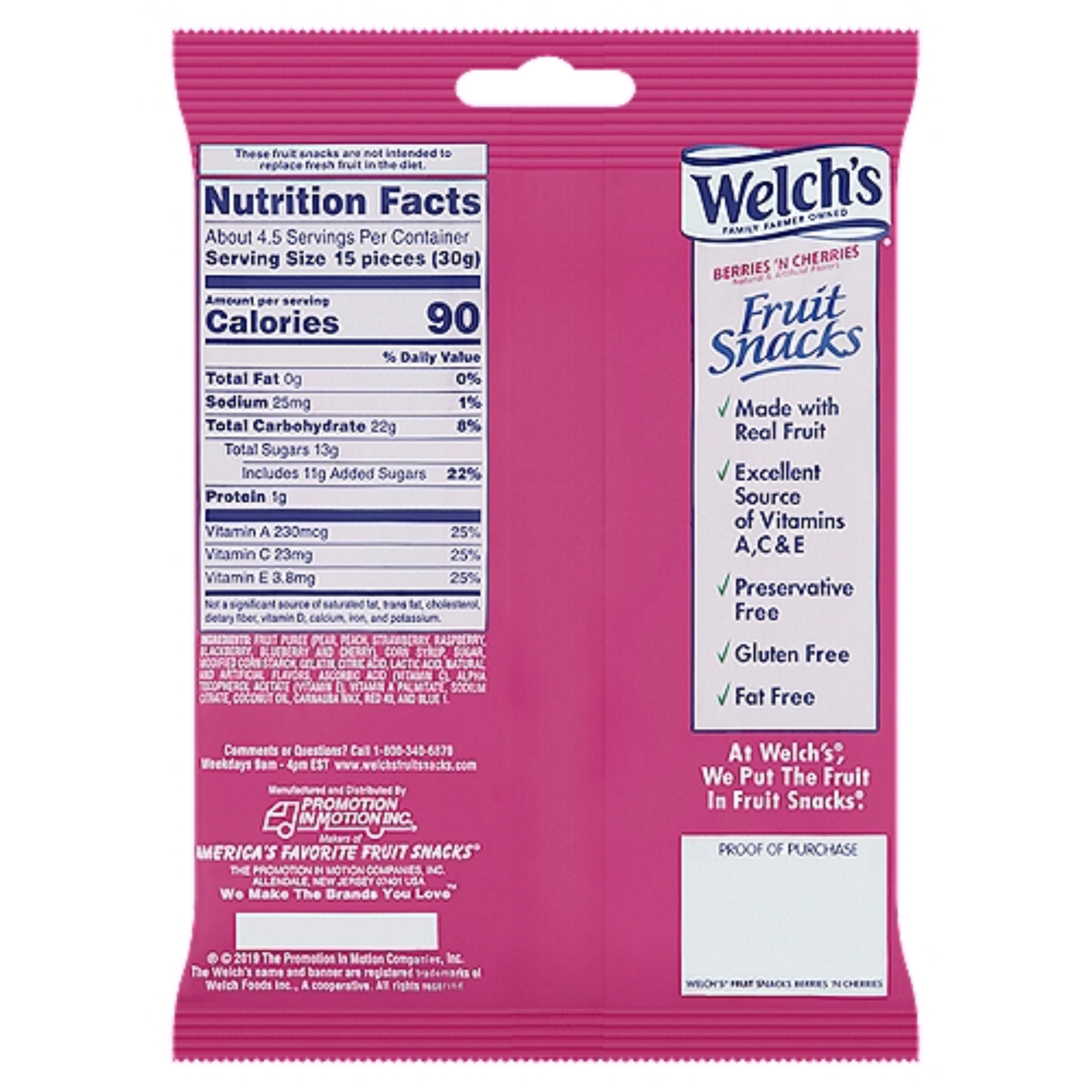 Welch's Fruit Snack BERRIES 'N CHERRIES 5 Ounces Per Bag (Pack Of 12) Case