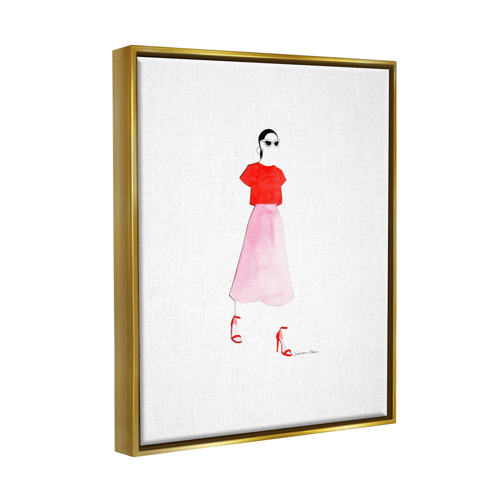 Stupell Industries Girl in Pink & Red Beauty & Fashion Painting Gold Floater Framed Art Print Wall Art, 25 x 31