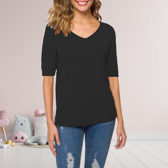 Bovemsi Women's Short Sleeves Sweaters V Neck Soft Pullover Top, Black Women's Summer Short Sleeve T-Shirts, L