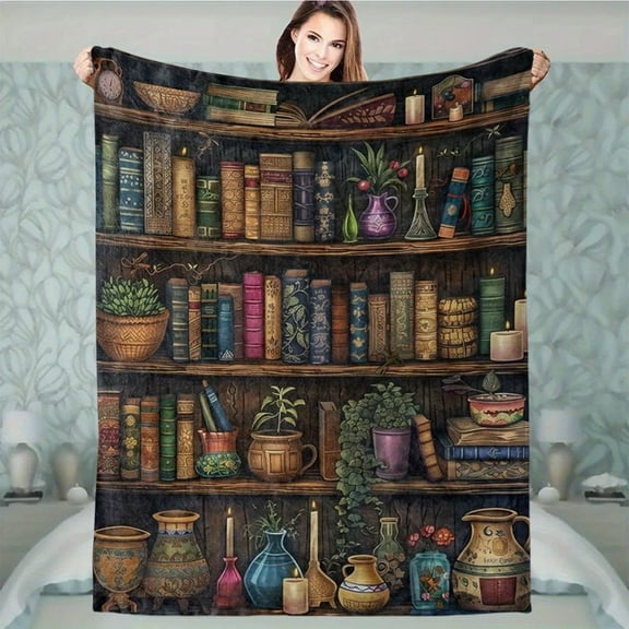 Vintage Bookshelf Blanket with Antique Books and Decorative Reading Throw Soft Comfortable Lightweight Blanket for Book Lovers Graduation Gift
