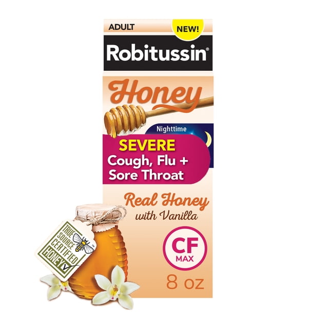 Robitussin Honey Severe Cough Flu And Sore Throat Nighttime Syrup Medicine 8 Oz Walmart Com