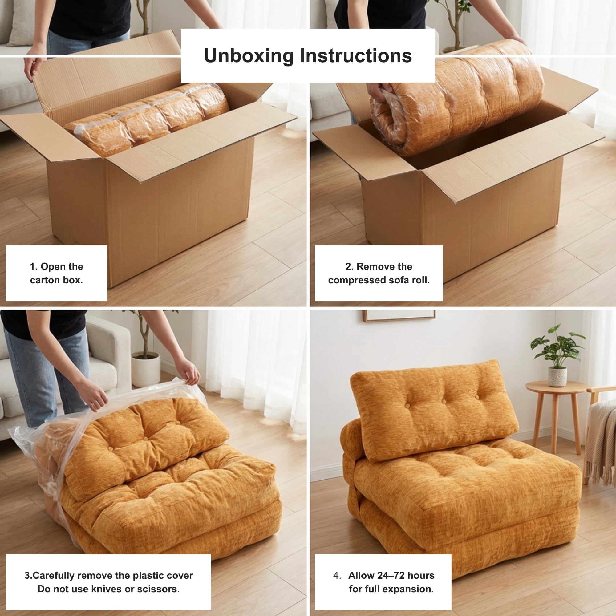Oak and Birch Boneless Folding Sofa Bed, Convertible Floor Futon Chaise Lounge & Sleeper Bed, Shredded Foam Floor Couch for Living Room, Bedroom, Kids Room, Apartment, Chenille, Burnt Orange