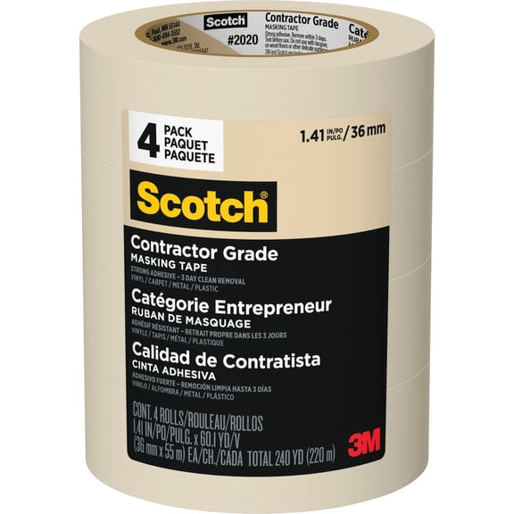 Scotch Contractor Grade Masking Tape, Tan, Tape for General Use, Multi-Surface Adhesive Tape, 1.41 Inches x 60.1 Yards, 4 Rolls