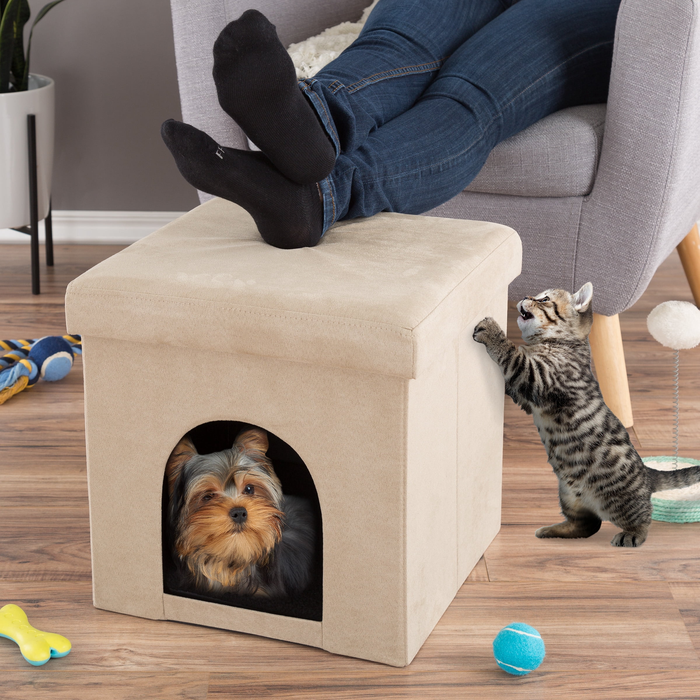 Pet House Ottoman- Collapsible Multipurpose Cat or Small Dog Bed Cube and Footrest with Cushion Top and Interior Pillow by PETMAKER (Microsuede Tan)
