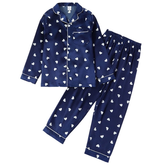 Zanarzt Valentines Clothes for Girls Pajamas Set Long Sleeve Button Down Sleepwear Nightwear Soft Pjs Sets Blue,7-8 Years