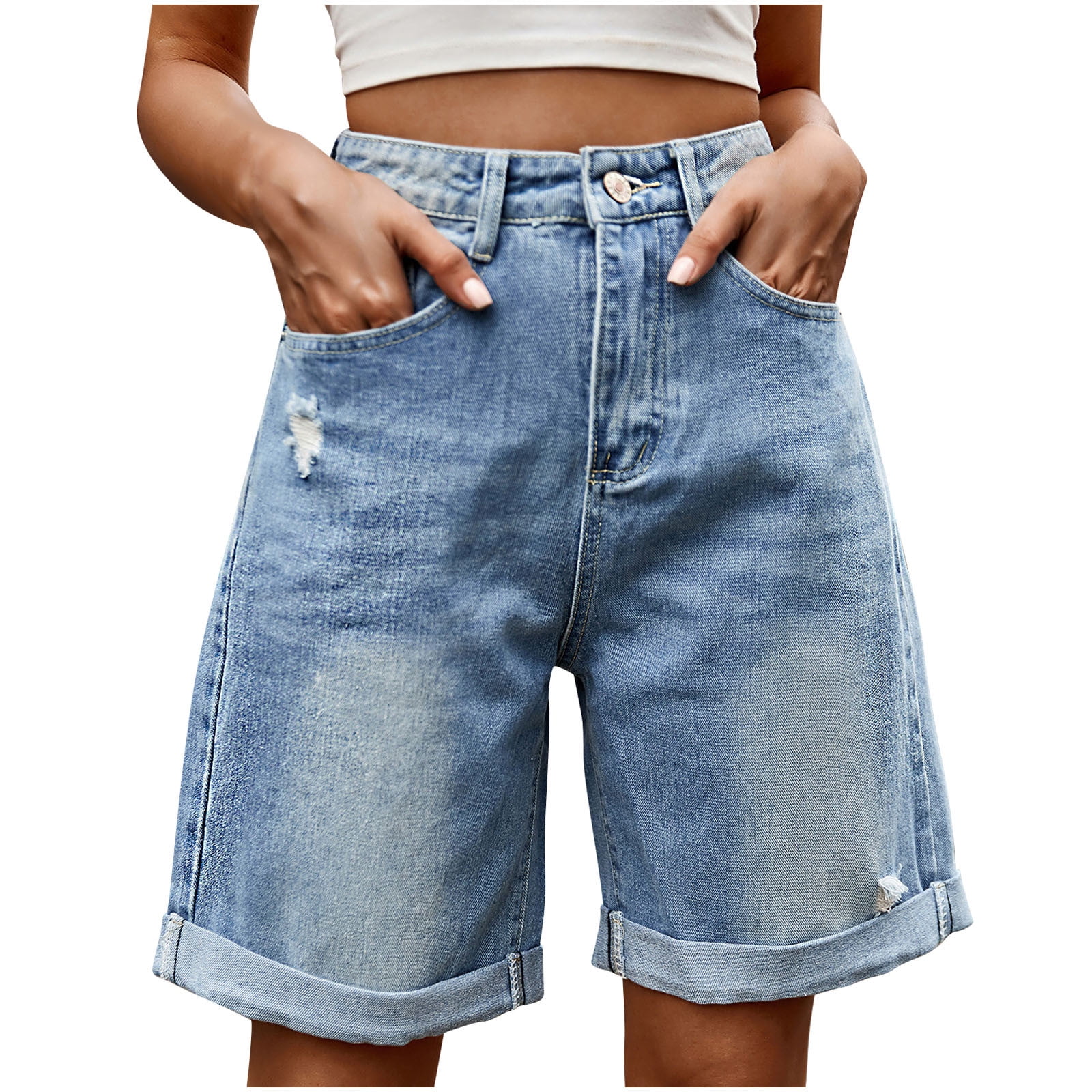 Women's Baggy Jean Shorts Distressed Ripped Straight Wide Leg Jean ...