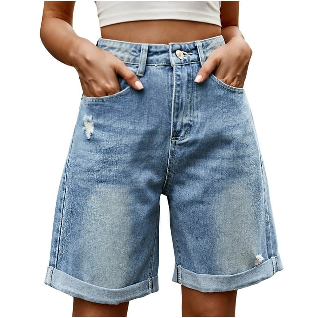 Women's High-Waisted Jeans Shorts Frayed Raw Hem Ripped Summer Relaxed Fit Distressed Denim Shorts with Pockets