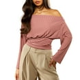 thumbnail image 2 of Womens Tops Long-Sleeve Striped Neck Off Shoulder Waist Tops,Blouse for Women Red S, 2 of 6