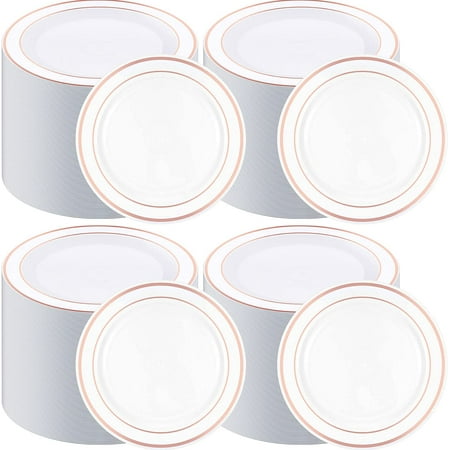 

200 Pieces Disposable Plates Plastic Party Plates with Rim Hard Plastic Appetizer Salad Dessert Plates 7.5 Inch Elegant Heavy Duty Plates for Dinner Wedding Party Supplies(Rose Gold Rim)