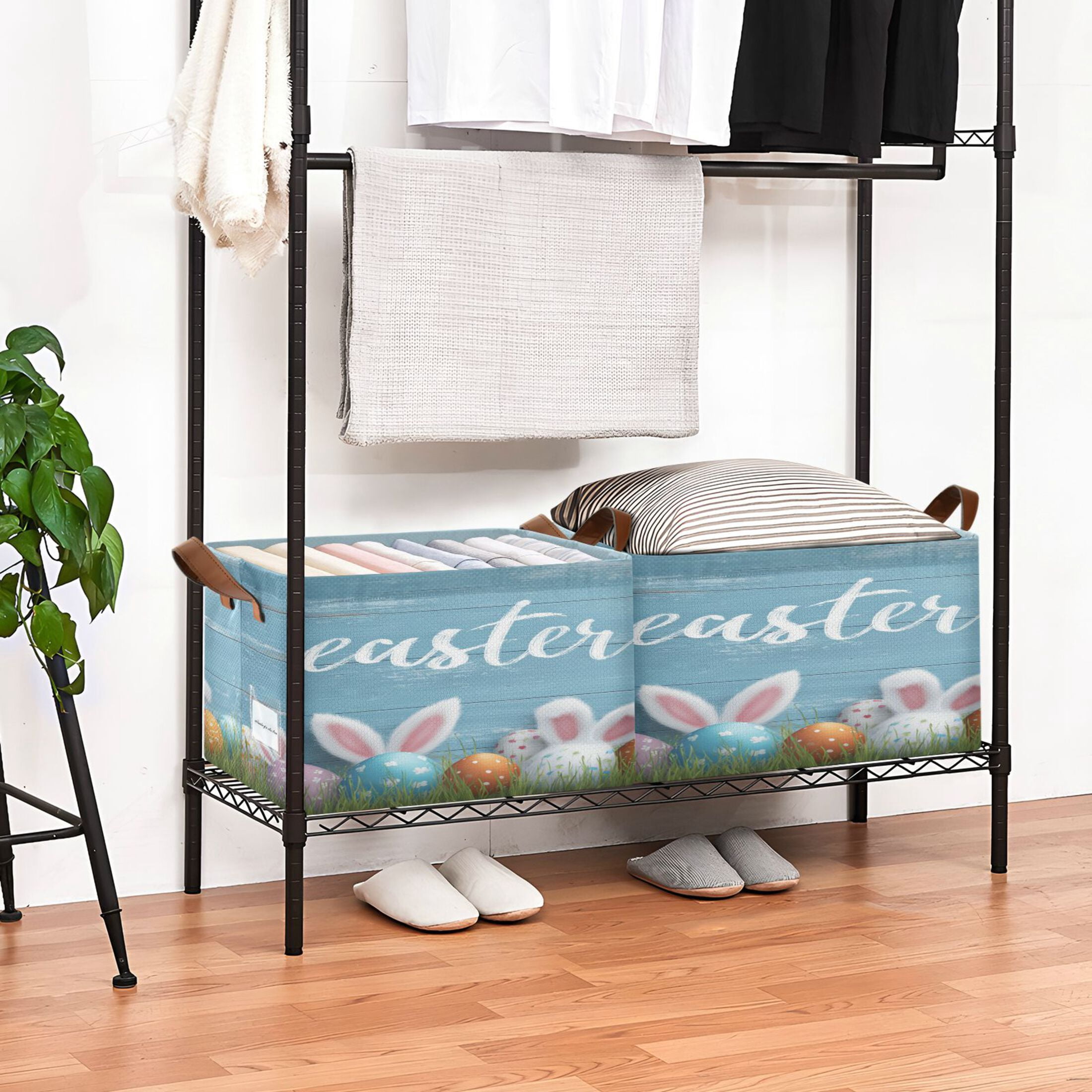 WobogoBunny Ear Easter Egg Storage Basket 16.9×11.4×10in Collapsible Oversized with Metal Iron Frame