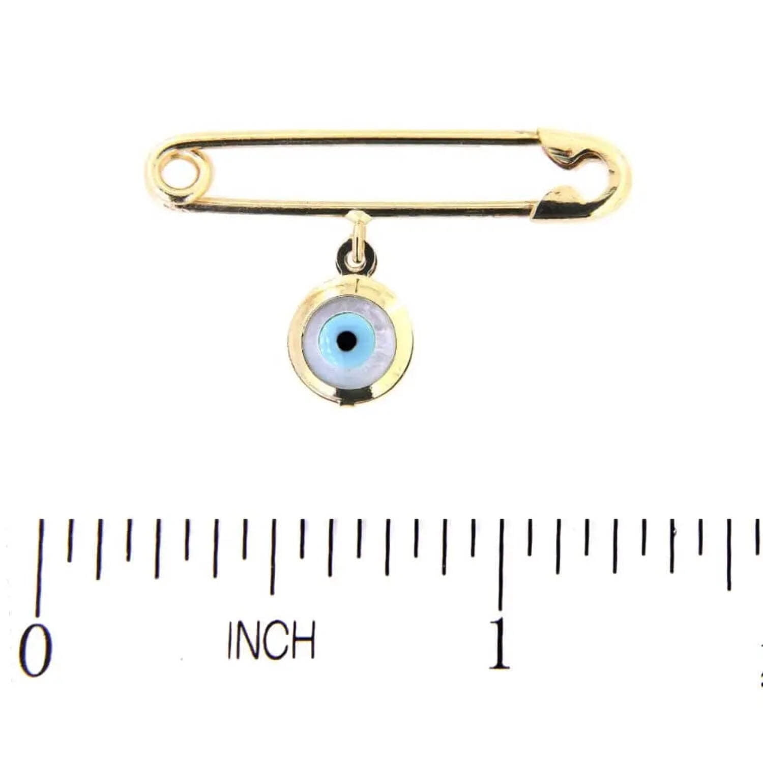 18K Solid Yellow Gold Dangle Evil Eye Safety Pin Pendant