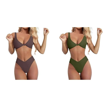 2-Pack Bikini Set For Women Solid V Neck Knot Front Push Up High Leg Thong Two Piece Swimsuit Women Swim Top Bathing Suits for Teen Extra Small plus Size Sunflower Swimsuit Swimsuits for Women