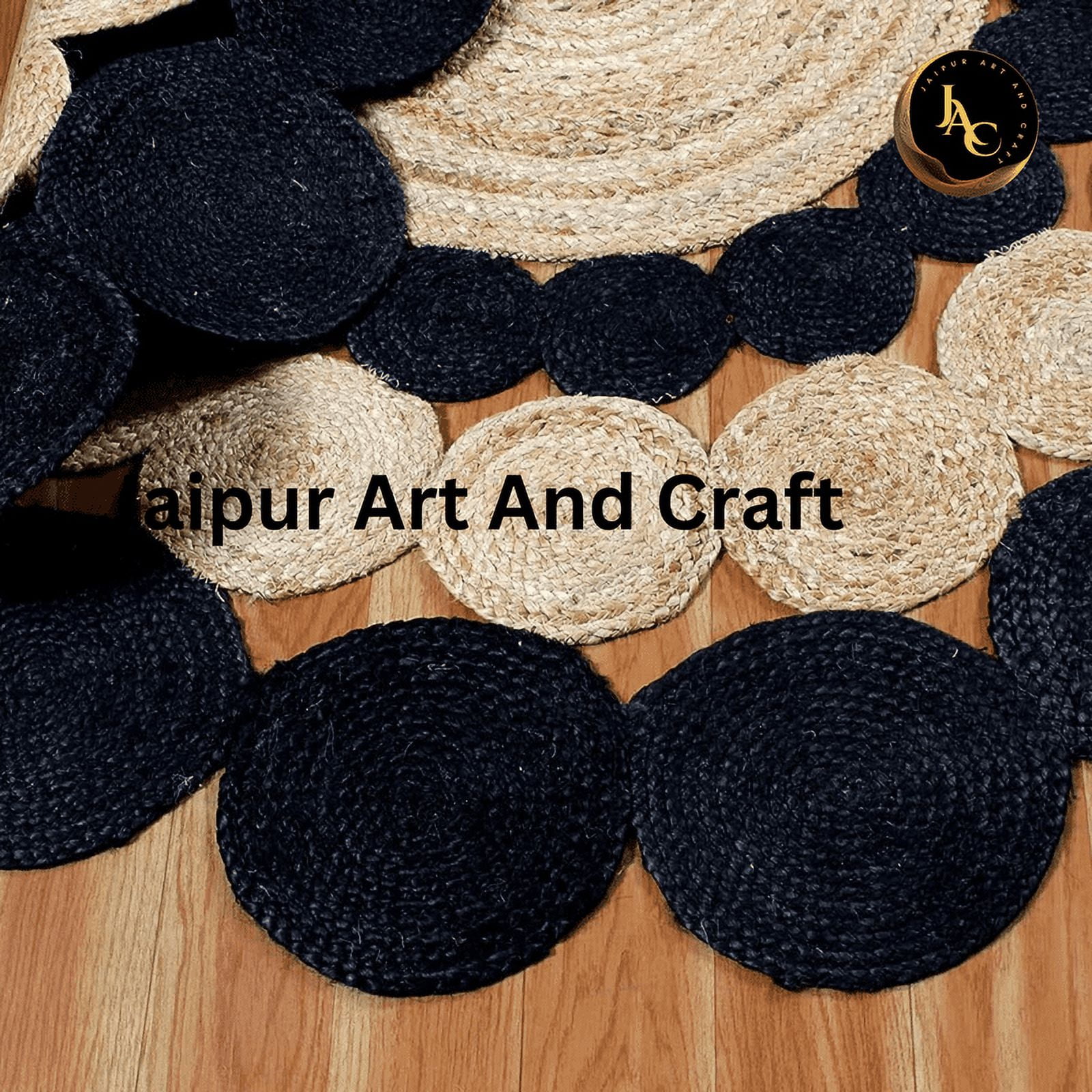 Jaipur Art And Craft Handmade Indian Natural Jute Rug Geometric Beige and Black Round Area Rug (7x7 Sq Ft)