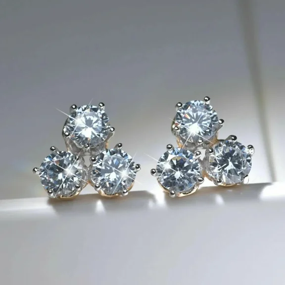 2Ct Round Cut White Moissanite Three Stone Stud Earrings 14K White Gold Plated Silver