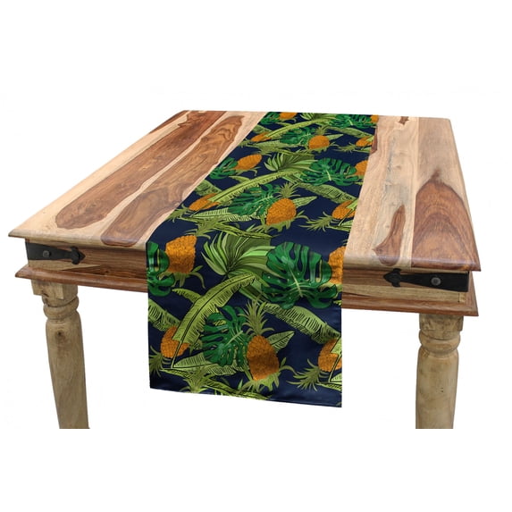 Tropical Table Runner, Natural Theme Exotic Pineapples with Monstera and Banana Leaves, Dining Room Kitchen Rectangular Runner, 3 Sizes, by Ambesonne