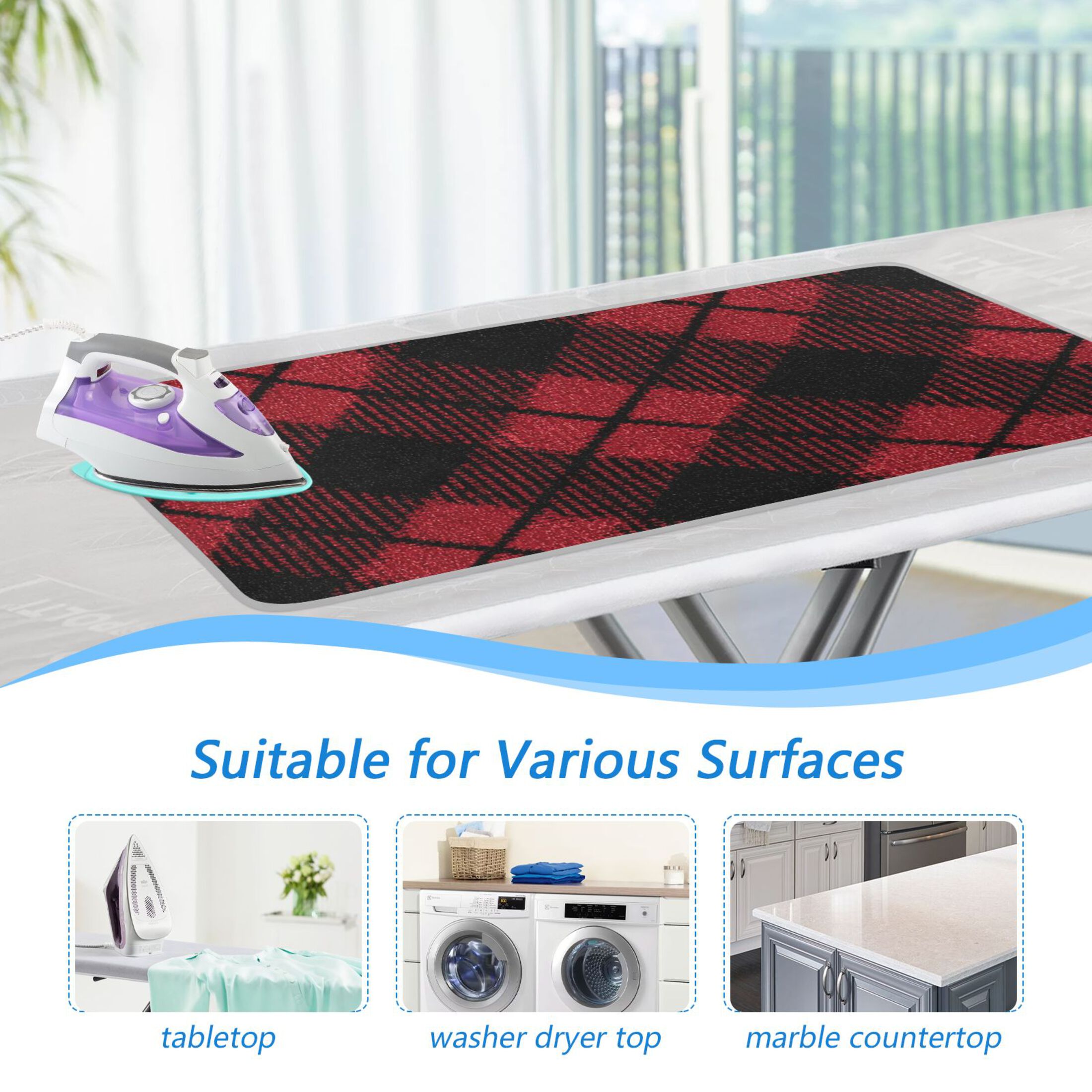 Red and Black Diagonal Tartan Plaids Ironing Mat Blanket Portable Travel Ironing Pad Heat Resistant Pad 47.2" x 27.6”