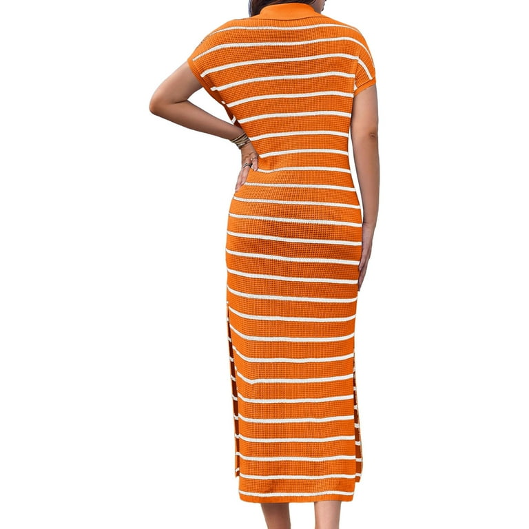 Popoship Short Sleeved Women V-neck Casual Loose Knit Dress Lapel Striped Print Straight Knee Sweater Dress, Women's, Size: Small