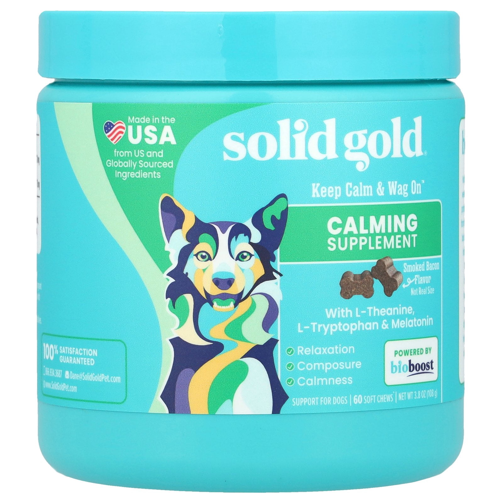 Solid Gold Keep Calm & Wag On™ Calming Supplement, For Dogs, Smoked Bacon, 60 Soft Chews, 3.8 oz (108 g)