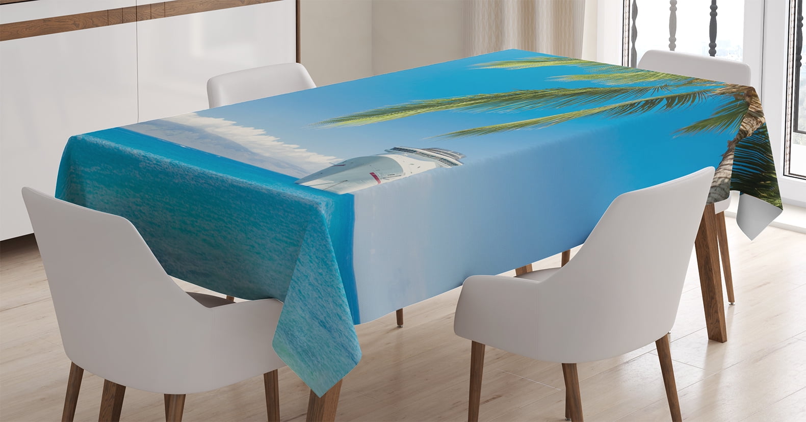 Nautical Decor Tablecloth, Large Cruise Ship Heads Tropical Sandy Beach