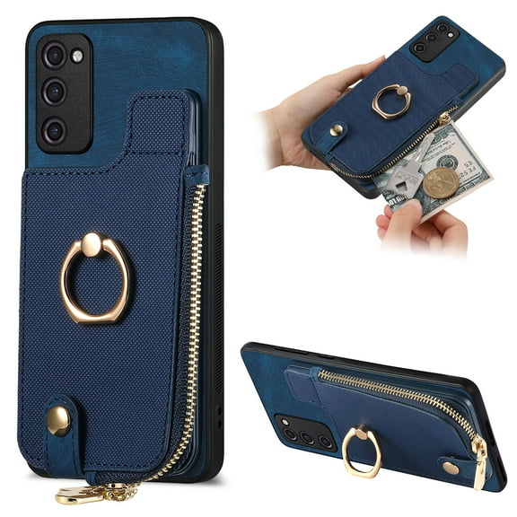 Nalacover Case for Samsung Galaxy S20 FE Wallet Case with Card Holder & Zipper Pocket, 360° Rotation Ring Kickstand Premium PU Leather Cover, Shockproof Magnetic Button Flip Stand Phone Case,Blue